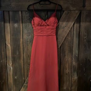 Belsoie Crimson Red skinny strap gown with small train